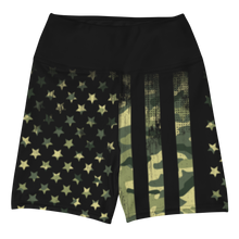  Womens Camo Flag  shorts from River to Ridge Clothing Brand. Wide Yoga Waistband.