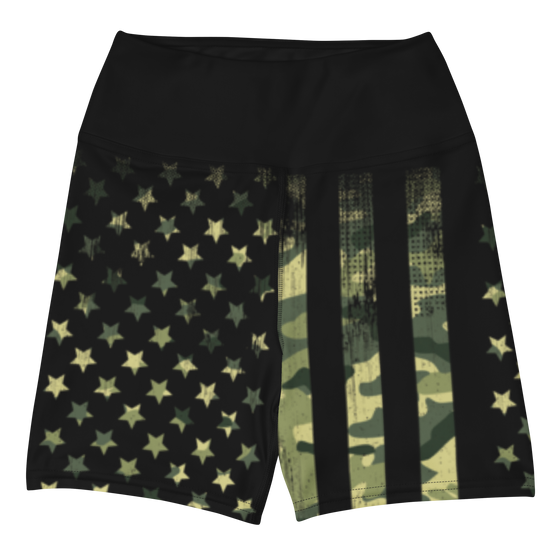Womens Camo Flag  shorts from River to Ridge Clothing Brand. Wide Yoga Waistband.