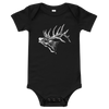 Baby one piece onesie with an elk logo on it in white and the bodysuit is in black from river to ridge brand