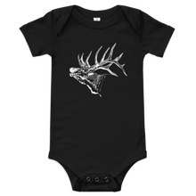  Baby one piece onesie with an elk logo on it in white and the bodysuit is in black from river to ridge brand