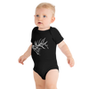 little boy wearing a baby one piece in black with an elk on it from river to ridge brand