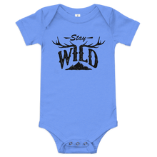  Stay wild baby one piece with a wild logo that has elk antlers on it, blue, onesie for infant from the brand river to ridge
