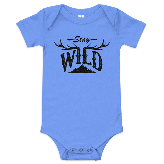 Stay wild baby one piece with a wild logo that has elk antlers on it, blue, onesie for infant from the brand river to ridge