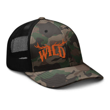  wild logo in orange with elk antlers on a camo mesh back hat from River to Ridge Brand