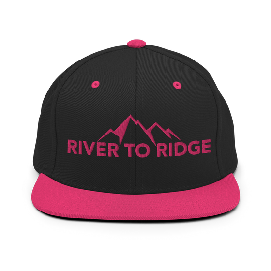 River to Ridge Logo flat bill hat in hot pink and black, for women. Featuring the mountain logo 