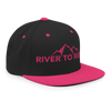 Womens flat bill snapback hat for river to ridge brand, with mountains and logo, hot pink and black