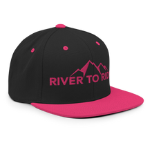  Womens flat bill snapback hat for river to ridge brand, with mountains and logo, hot pink and black