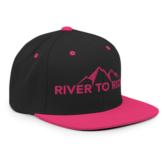 Womens flat bill snapback hat for river to ridge brand, with mountains and logo, hot pink and black
