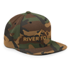 River to Ridge Logo Snap Back Camo Flat Bill Hat stitched in gold