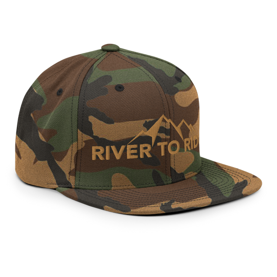 River to Ridge Logo Snap Back Camo Flat Bill Hat stitched in gold