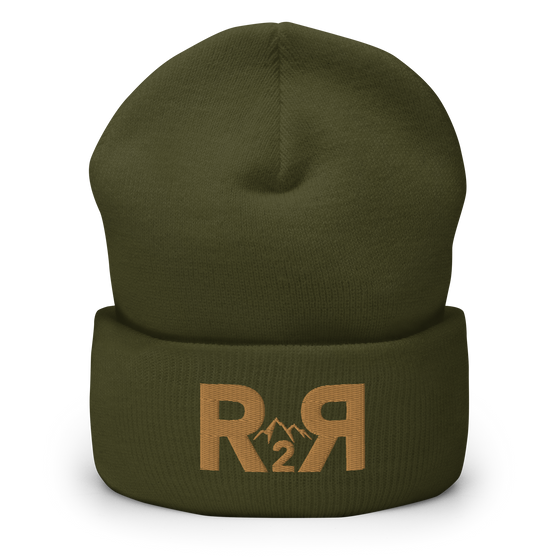 R2R Logo Unisex Beanie in Olive Green with the Mountain Logo from River to Ridge Clothing Brand