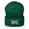WILD Logo beanie from River to Ridge Brand, featuring the Stay Wild Logo with elk antlers for the 2 center letters. Hat is unisex and is in green and white