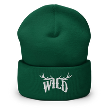 WILD Logo beanie from River to Ridge Brand, featuring the Stay Wild Logo with elk antlers for the 2 center letters. Hat is unisex and is in green and white