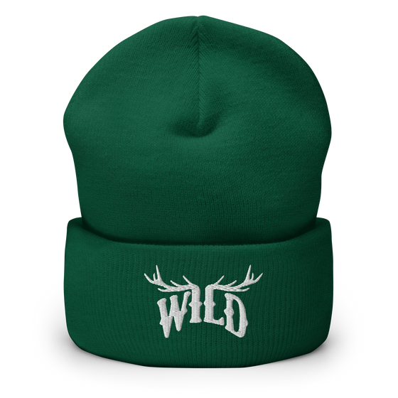 WILD Logo beanie from River to Ridge Brand, featuring the Stay Wild Logo with elk antlers for the 2 center letters. Hat is unisex and is in green and white