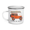 River to Ridge Enamel Camping Cup with a jeep on it in orange and a boat on top, offroad weekend