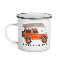  River to Ridge Enamel Camping Cup with a jeep on it in orange and a boat on top, offroad weekend