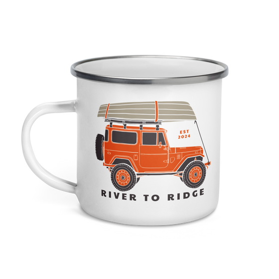 River to Ridge Enamel Camping Cup with a jeep on it in orange and a boat on top, offroad weekend