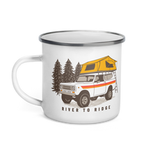  Enamel coffee mug from River to Ridge Clothing Brand with a vintage scout truck on with a tent on top camping in the forest