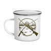 Hunting & Fishing Logo Enamel Camping Coffee Mug from River to Ridge Brand with a fishing rod and a rifle crossed over a river scene