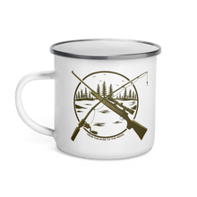  Hunting & Fishing Logo Enamel Camping Coffee Mug from River to Ridge Brand with a fishing rod and a rifle crossed over a river scene