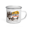 Enamel coffee mug from River to Ridge Clothing Brand with a vintage scout truck on with a tent on top camping in the forest
