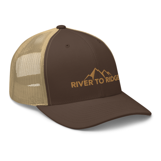 River to Ridge mid profile mesh back Logo hat in brown and tan