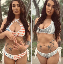  Reversible Bikini with patriotic logos on it on a beautiful woman with tattoos - from River to Ridge Brand