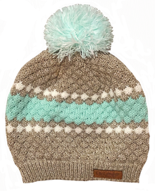  womens beaine in oatmeal and teal diamond cable knit with leather patch and pom pom