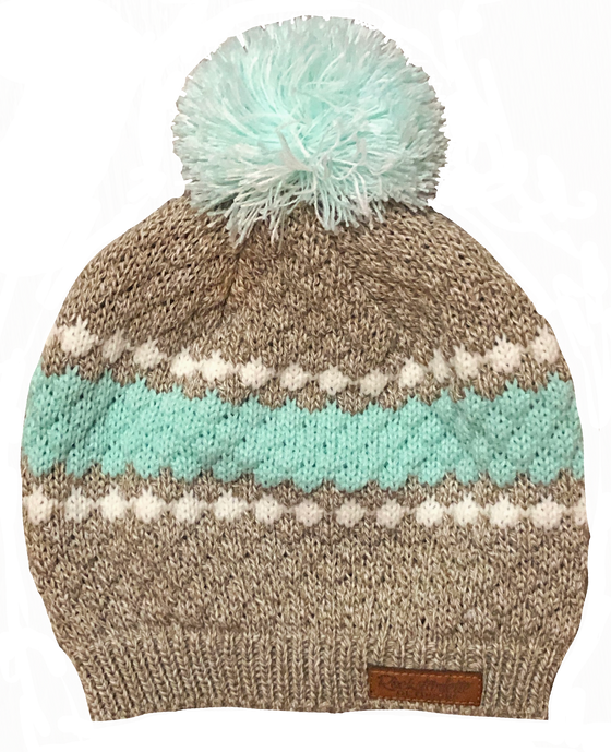 womens beaine in oatmeal and teal diamond cable knit with leather patch and pom pom