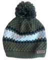 Womens cable knit beanie with pom pom in olive and white and black with a leather patch for Rockstarlette Outdoors