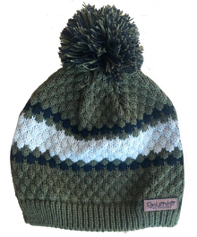  Womens cable knit beanie with pom pom in olive and white and black with a leather patch for Rockstarlette Outdoors