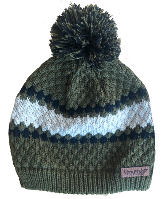 Womens cable knit beanie with pom pom in olive and white and black with a leather patch for Rockstarlette Outdoors