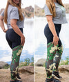 2 views of a woman wearing camo and black compression leggings and a crop top t shirt with red hair standing by watson lake in arizona. Leggings from River to Ridge Clothing brand