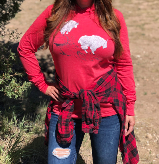 Long Sleeve Mountain Goat T-Shirt Hoodie: red, white or blue