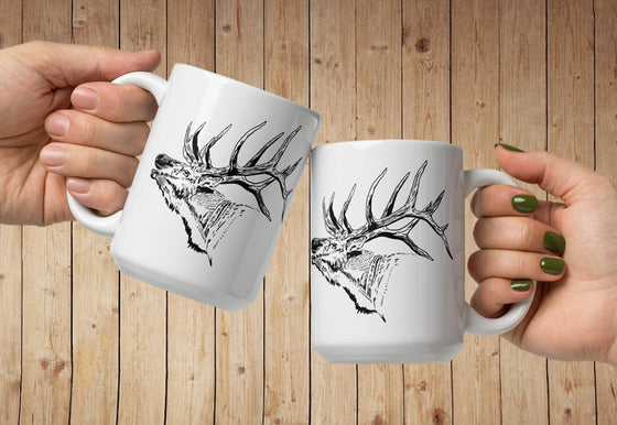 Elk Logo Coffee Mugs from River to Ridge Brand, two people doing cheers close up