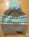 Diamond Ripple Knit Beanie with Pom Pom in teal and oatmeal