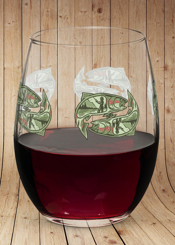Stemless Wine Glass, 15oz, Fishing Logo