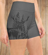 Fitted Yoga Shorts in graphite grey with a woodland logo of a red stag deer on it