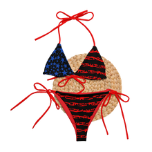  2A Gun Flag Patriotic Bikini with USA American Flag pattern in red black and blue, string bikini. From River to Ridge Clothing Brand