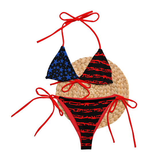 2A Gun Flag Patriotic Bikini with USA American Flag pattern in red black and blue, string bikini. From River to Ridge Clothing Brand