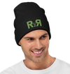 man wearing an R2R brand logo beanie from River to Ridge Clothing in black with green stitching