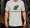 Men's T shirt that says Chicks Dig Beards with a drawing of a long beard turkey gobbler on it, funny shirt
