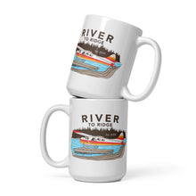  River to Ridge Brand Coffee Mugs stacked on top of each other with a bush plane Alaskan logo on it on floats in a lake - backcountry taxi