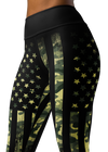 Close up photo of River to Ridge camo flag leggings with stars and stripes in camo