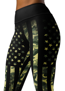  Close up photo of River to Ridge camo flag leggings with stars and stripes in camo