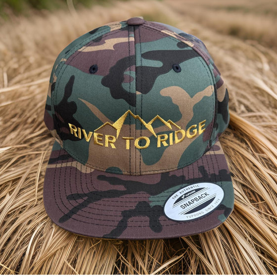 River to Ridge, Camo Flat Bill Snapback Hat, Unisex