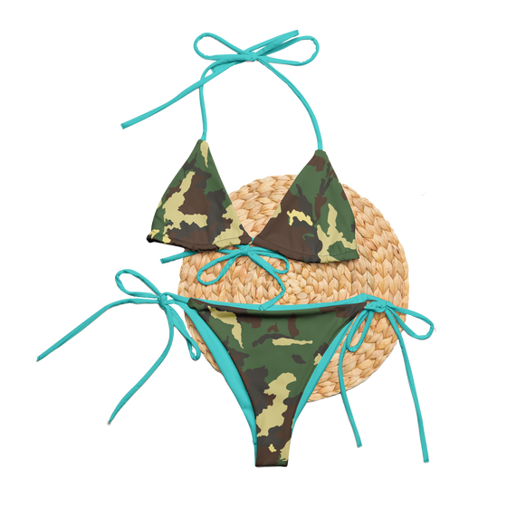 Camo and turquoise trim padded string bikini from River to Ridge Brand