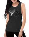 Woman with long dark hair wearing a muscle tank top with a whitetail deer skull and antlers over a camo flag pattern in black
