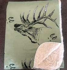 River to Ridge Brand Elk Logo Sherpa Fleece Blanket in Olive green with a bugling elk and elk tracks on it