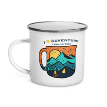  I Love Adventure and Coffee, camping enamel mug from River to Ridge Brand with a logo of mountains and a tent and camp fire
